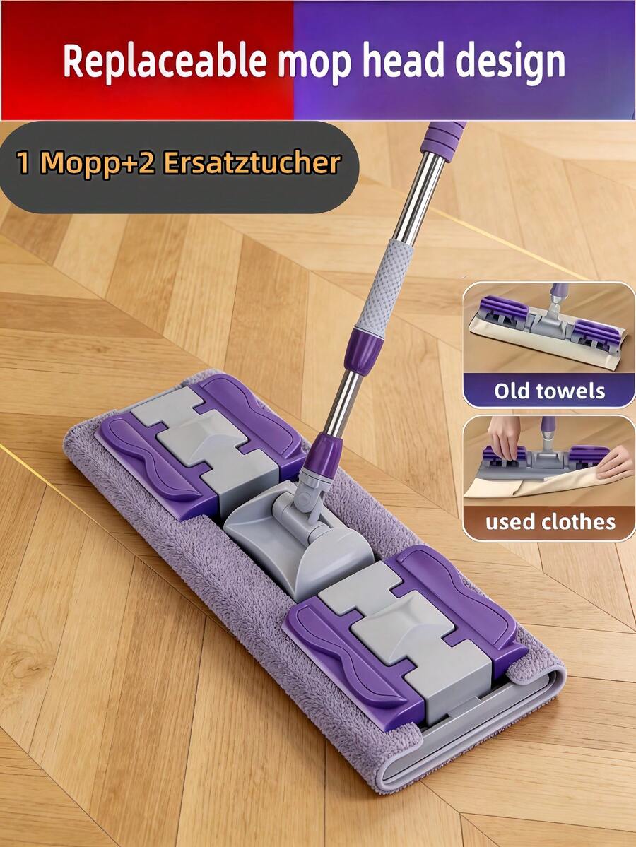一套14英寸专业地板清洁拖把，平板拖把套装，包含2个可重复使用的拖把垫，可水洗拖把 - 超细纤维拖把，适用于硬木、复合地板、瓷砖地板，可调节不锈钢手柄，360°旋转，干湿两用，自动拧干，适用于清洁卧室、厨房、浴室、客厅和墙壁，是一款便捷的清洁工具 - 彩色 - 查看 1