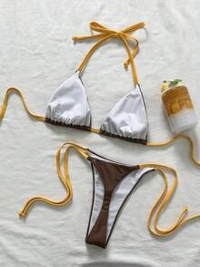 ROMWE Avant 性感复古棕黄刺绣比基尼套装 - 三角上衣 + 侧系带泳裤 | 欧洲博主风沙滩度假泳装夏季 - 棕色 - 查看 4