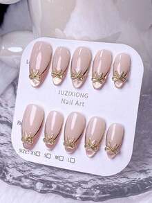 10pcs Handmade French Short Nail Stickers. This Manicure Set Includes 5 Colors: White, Pink, Gold, Blue, And Yellow, With A Charming And Design. Each Nail Sticker Is Decorated With Hand-Painted Vine Patterns That Wind Along Metallic French, And Are Embellished With Gold And Bow Accents. - Hồng 3 - Xem 3