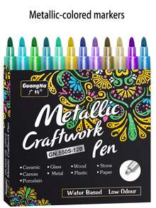 24 st/set metalliska akrylfärgsmarkörer, 2 spetsstorlekar, 24 färger, permanent tuschpenna för keramik, glas, plast, skolmaterial och högtidssaker, första april, påskpresenter, skolmaterial - Metalliska markörer - Visa 8