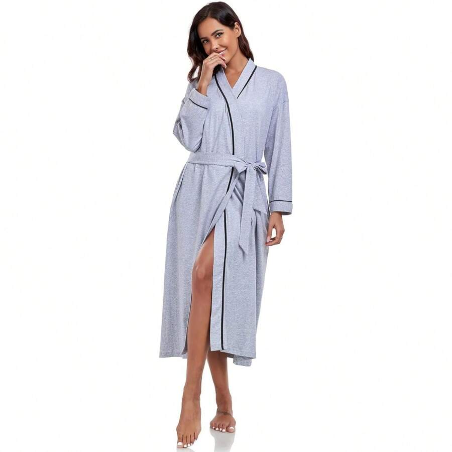 Bata larga suave, Algodón, Bata estilo kimono ligera, Ropa de casa con bolsillos - Dorado - Ver 1