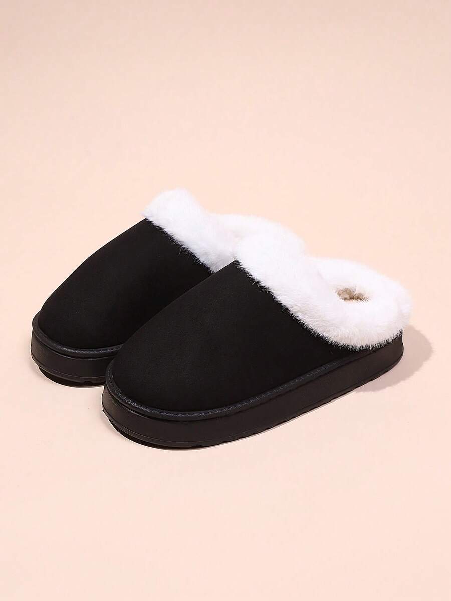 Chinelos de Pelúcia Femininos de Estilo Minimalista de Luxo para Outono/Inverno, Cor Sólida, Forro de Pele, Slip-On, Bico Fechado, Sola Grossa, Leves, Confortáveis, Quentes, Sapatos Internos Adequados para Uso Externo - Preto - Visão 1
