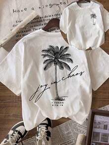 Beach Coconut Tree Print Women's Round Neck Loose T-Shirt, Summer Vacation Travel Beach, Casual Sports Elegant - White - View 1