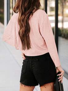 Women's Long Sleeve Crop Top Loose Fit Crew Neck Drop Shoulder Cropped T-Shirt Casual Basic Tee - Hồng - Xem 3