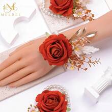Meldel Burnt Orange Wrist Corsage And Boutonniere Set, Flower On Wrist For Bride Bridesmaid Wedding, Boutonniere For Men Groom Groomsman Wedding Accessories Prom Party Suit Decorations,WristCorsageandBoutonniereSet-Orange - 腕花和胸花套裝 - 橘色 - 查看 6