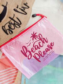 防水時尚沙灘包，印有「Beach Please」文字、棕櫚樹、海鳥和波浪圖案。大容量透明化妝包配尼龍拉鍊，輕便，春/夏收納，適合游泳、沙灘、潛水和夏季度假旅行，學生返校使用。輕便防曬收納包，適合送給朋友、家人、閨蜜、同學的禮物。生日、節日、派對、婚禮（伴娘）的完美禮物和紀念品，郵輪必備，夏季度假禮物 - 彩色 - 查看 8