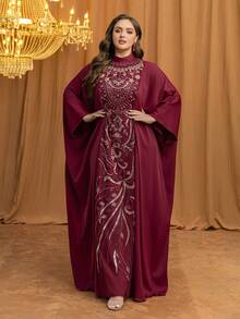 UNITHORSE Women's [Random Cut] Stand Collar Batwing Sleeve Long Luxury High-End Elegant Sequin Lace Patchwork Matte Satin Women Sleepwear Dress - Burgundy - View 3