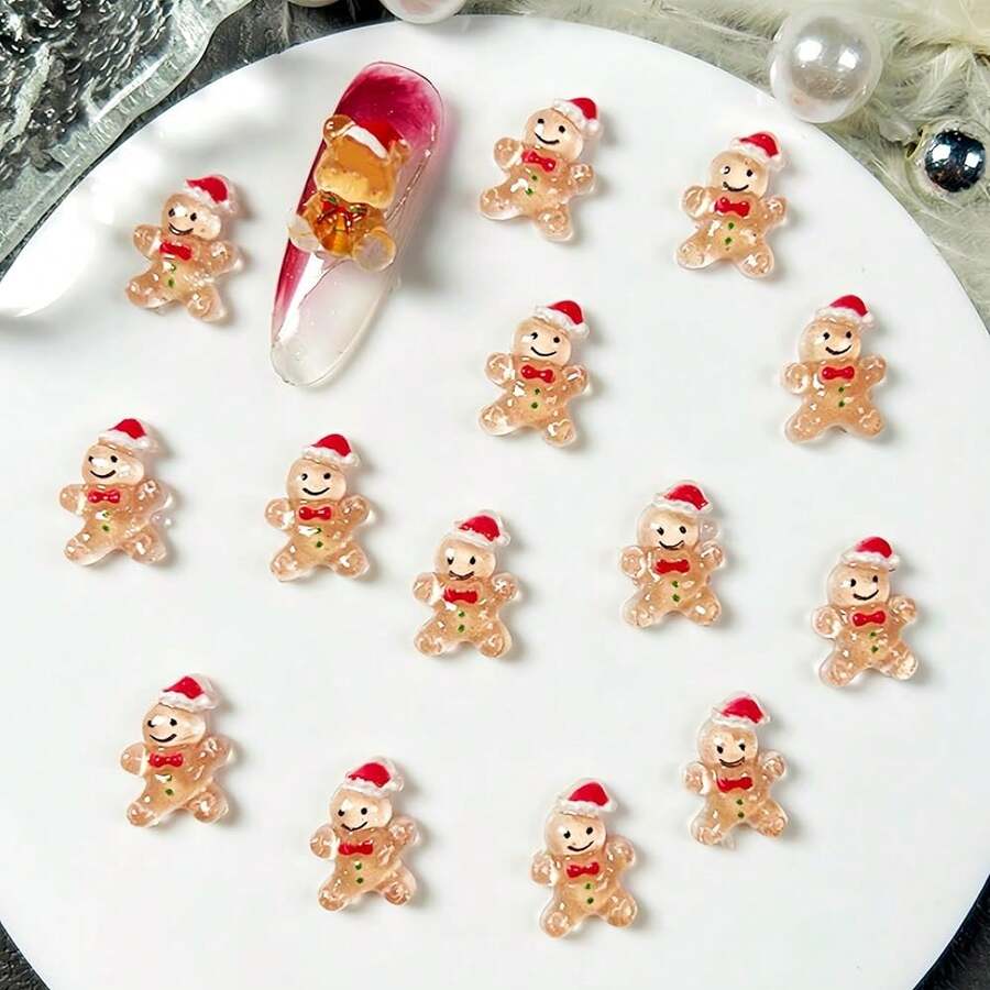 100Pcs Christmas Nail Charms Cute Gingerbread Man Nail Art Charms Resin Gingerbread With Hat Nail Gems 3D Resin Design Mini Cartoon Nail Jewelry Cookie People Nail Accessories Nails Supplies For Women,Orange - 橘子 - 查看 1