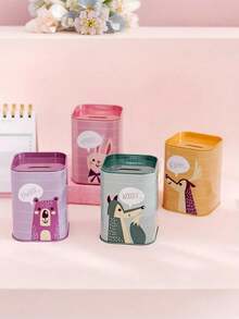 Large Capacity Metal Piggy Bank - Romantic Forest Animal Theme, Wolf, Bear, Deer, Rabbit Design, Multifunctional Pen Holder, Suitable For Home Or Office Organization, Family-Friendly Organization, Romantic Design, Sturdy Structure, Money Saving Box - Multicolor - View 7