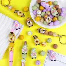 4/28/60pcs 3D Dwarf Beads DIY Craft Supplies - Spring Theme Silicone Focal Beads, Includes Sunflower, Daisy, Butterfly, Tulip, Bee & Cute Dwarf Head Shapes, Suitable For Pen Decor, Keychain Making (Loose Rubber Beads) - 春季矮人系列 - 查看 2