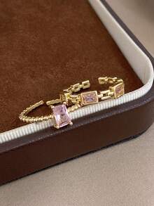 18K镀金防褪色复古甜美几何方形粉色锆石戒指，开口可调节，女士戒指，适合情人节、派对、正式晚宴、日常佩戴、狂欢节、新年、婚礼、海滩、圣诞节、周年纪念日、优雅母亲节礼物、波西米亚风珠宝、伴娘礼物 - 彩色 - 查看 7