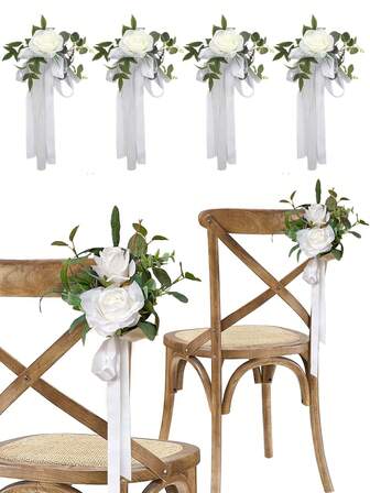 1 Set Of 8/4/2/1 Wedding Aisle Decor, Including Church Pew Flowers, Suitable For Wedding Ceremony And Reception Chair Decoration, Containing Artificial Flowers, Eucalyptus Leaves And Ribbons