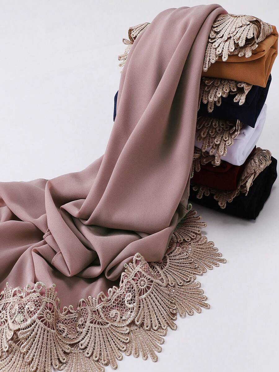 1 pièce Hijab musulman élégant pour femme avec broderie de dentelle et franges - Multicolore - Voir 1