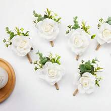 Meldel White Ivory Rose Wrist Corsage Boutonniere For Men Wedding Wrist Flower Corsage Hand Flower For Bride Bridesmaid Prom Decor Paty ,3Boutonnieres&3WristCorsagesWhite - 3枚胸花及3顆腕花 白色 - 查看 6