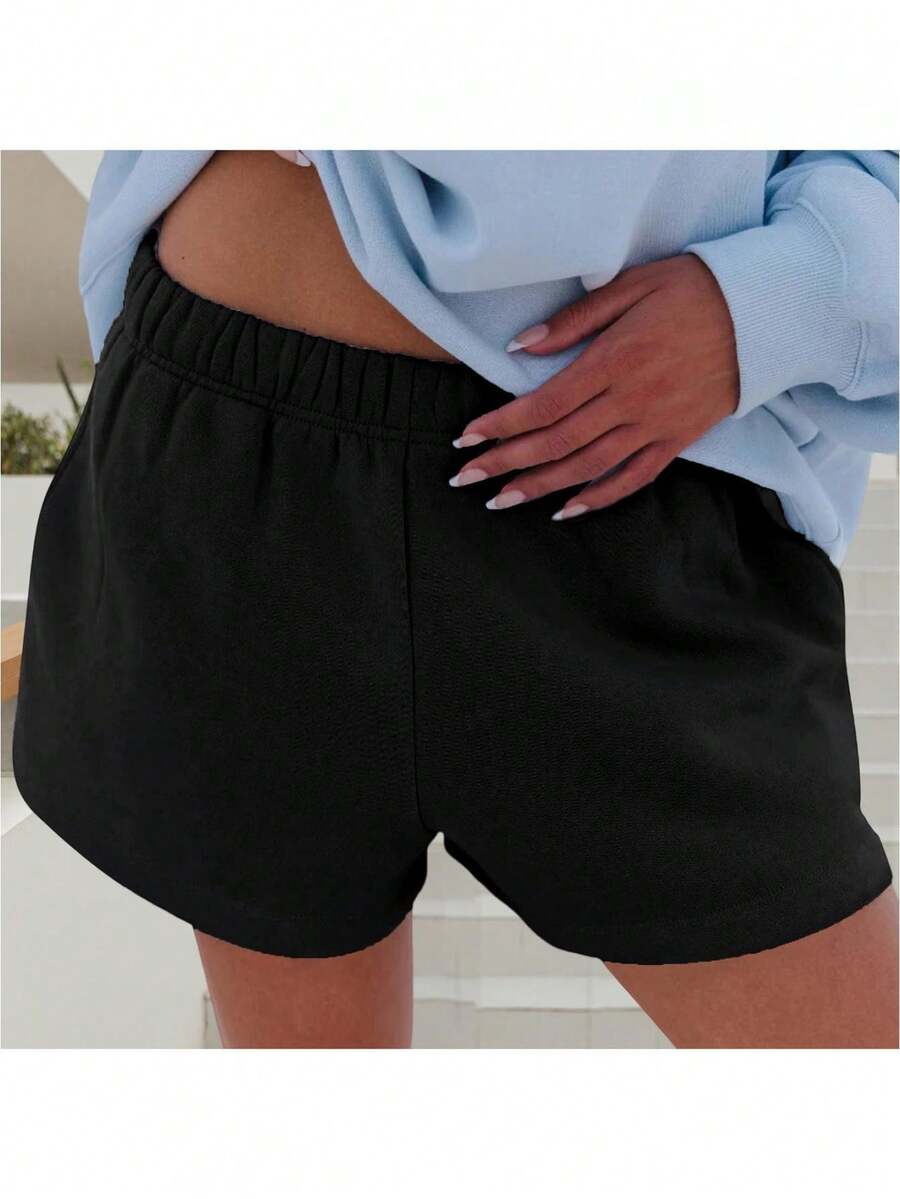 Women Athletic Shorts Loose Fit Solid Color Drawstring Sweatshorts For Yoga Running - Black - View 1