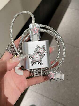 5个防断裂线缆保护套 | 粉色波点/银色星星/黑白星星图案 | 兼容 18-20W充电器 | 防刮线缆保护套