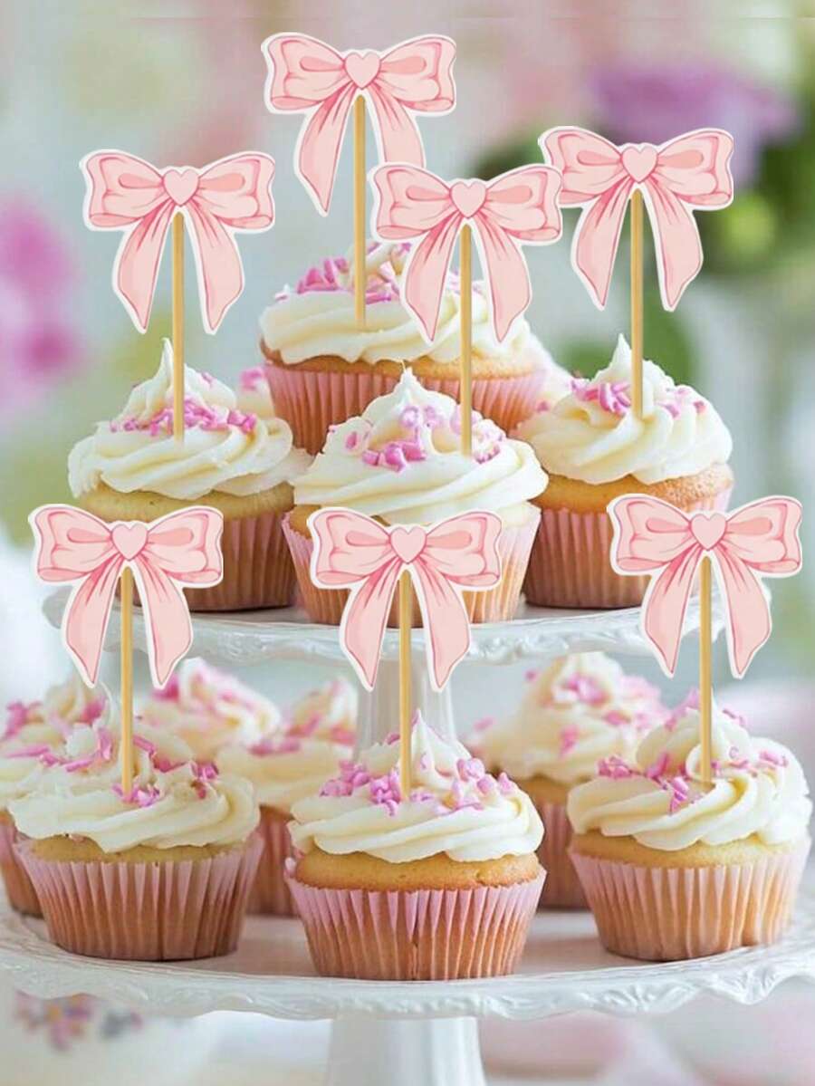 12pcs Pink Bow Cake Decorations, Birthday Party Cake Decor, Suitable For Bridal Shower, Wedding, Birthday, Pink Theme Party Decor, Applicable For Events And Parties, Birthday Party Supplies - Multicolor - View 1