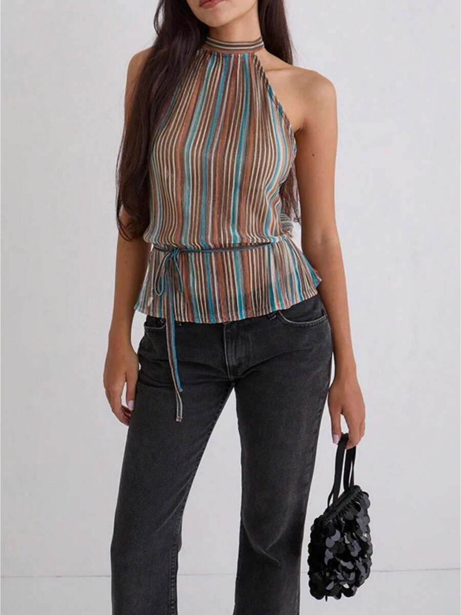 Women Sleeveless Tie Mock Neck Spring Summer Tops Fitting Casual Tie Side Halter Tank Top Elegant Blouses Shirts Clothes - 彩色 - 查看 1