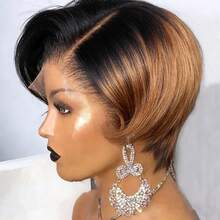 6英寸短直发假发，150%密度，棕色底色，带1bt350橙色挑染，13x4透明蕾丝前额，适合日常佩戴、派对、角色扮演及其他女性场合。 - 彩色 - 查看 2