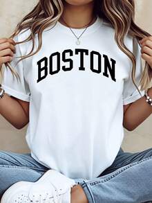 Boston Graphic T Shirt Women Oversized Casual Top Streetwear Fashion Loose Fit Black Tee Shirt For Everyday Wear Summer Outfit,220g - 白色 - 查看 2