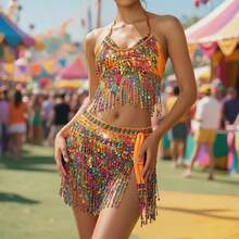 彩色亮片流苏胸衣上衣和腰链套装 - 肚皮舞舞台表演和夜店派对 - 彩色 - 查看 1