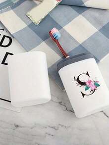 1pc A-Z Initial Floral Travel Toothbrush Holder, 2-In-1 Portable Toothbrush & Toothpaste Storage Cup, Personalized Letter Bathroom Storage Box For Travel, Business Trip, Camping, School, Suitable For Easter, Mother's Day Gifts - Multicolor - View 8