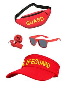 1/2/3/4/5pcs Spring/Summer New Surfing Costume Set, Funny Festival Lifeguard COS Beach Peaked Cap, Red Fashion Glasses, Whistle, Surfboard Bag, Beach Vacation Outfit Valentine's Day Costume - Multicolor - View 3