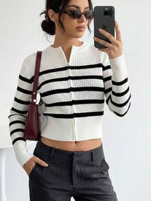 Suéter mujer blanco negro de rayas corto,manga larga, cierre, tejido de punto, moderno casual elegante cómodo otoño invierno - Blanco - Ver 1