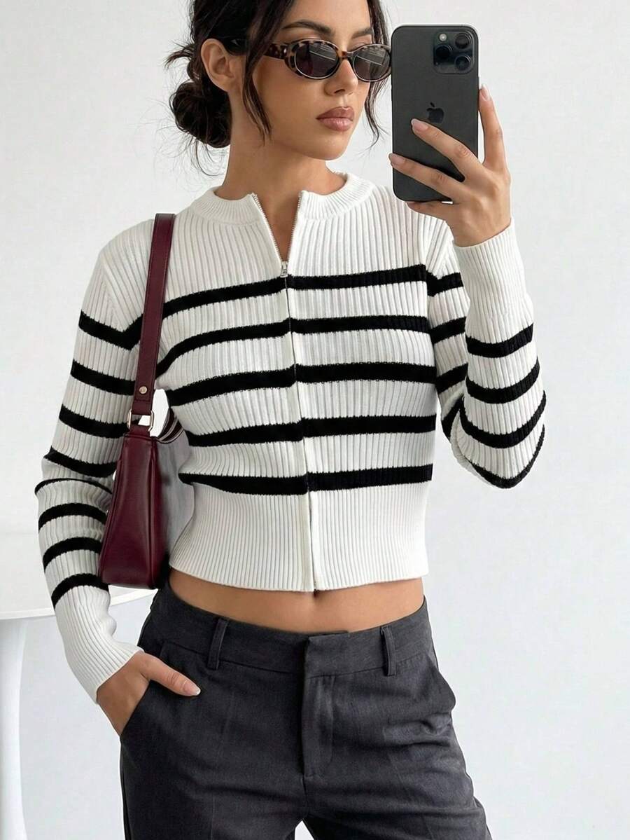 Suéter mujer blanco negro de rayas corto,manga larga, cierre, tejido de punto, moderno casual elegante cómodo otoño invierno - Blanco - Ver 1