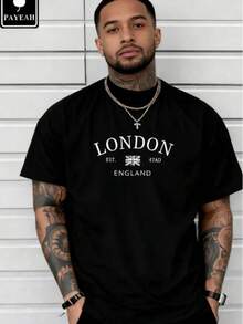 Vintage London, England, UK Flag T-Shirt - Heavyweight Cotton T-Shirt, Men's Casual Cotton Short-Sleeve T-Shirt - Men's Basic Summer T-Shirt (S-XXXL), Retro Style, Cotton Shirt, Graphic T-Shirt, Fun T-Shirt, Western Style, Halloween (Style), Golf (Style) - 黑色 - 查看 1