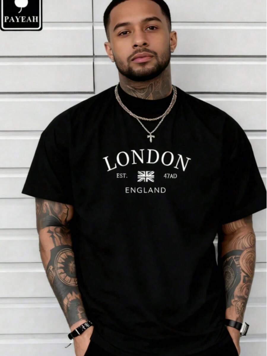 Vintage London, England, UK Flag T-Shirt - Heavyweight Cotton T-Shirt, Men's Casual Cotton Short-Sleeve T-Shirt - Men's Basic Summer T-Shirt (S-XXXL), Retro Style, Cotton Shirt, Graphic T-Shirt, Fun T-Shirt, Western Style, Halloween (Style), Golf (Style) - 黑色 - 查看 1