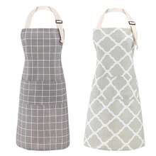 Tosewever 2 Pieces Cotton Linen Waterproof Bib Kitchen Apron With Pockets - Long Ties Adjustable Neck Strap - Unisex BBQ CooFKing Drawing Crafting Aprons For Women Chef (Grey/Green, 2) - 灰綠色 - 查看 2