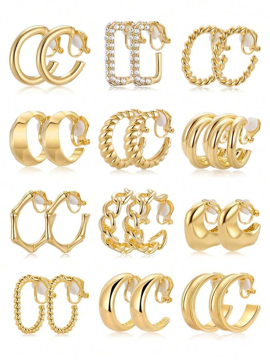 12对14K镀金厚款夹式耳环套装，锆石管状扭曲牛角圈圆形几何夹式耳环，假耳环配件 - 多款式 - 查看 1