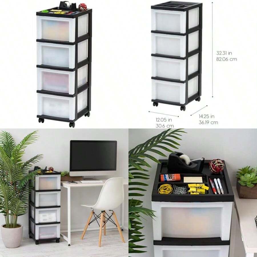 IRIS USA Organizadores y Almacenamiento de Plástico para Manualidades, Carrito de Almacenamiento Rodante, Organizador de Almacenamiento, 4 Cajones, Negro/Perla(default) - Multicolor - Ver 1