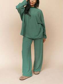 Women Casual Striped 2 Piece Lounge Set Long Sleeve Pullover Shirt Drawstring Wide Leg Pants Y2k Cute Loose Outfits - 綠色 - 查看 1