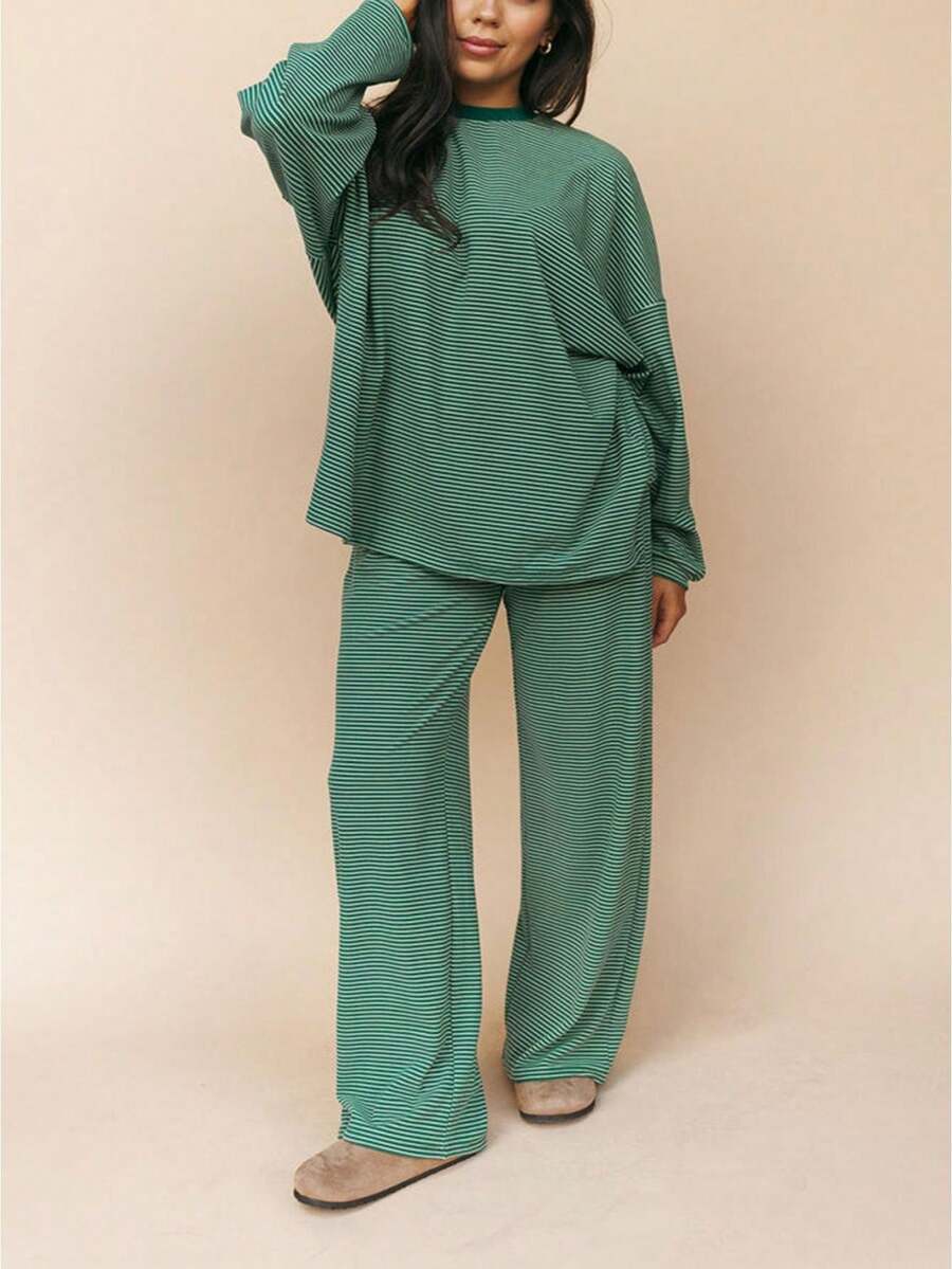 Women Casual Striped 2 Piece Lounge Set Long Sleeve Pullover Shirt Drawstring Wide Leg Pants Y2k Cute Loose Outfits - 綠色 - 查看 1