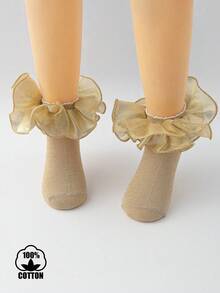 1双女童纯棉蕾丝边纯色短袜，公主风短袜，适合幼儿和大童 - 金色 - 查看 3