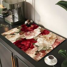 1 pieza Estera absorbente/secado con estampado floral de peonía para cafetera, platos - Estera protectora absorbente de poliéster para escritorio con almohadilla antideslizante de goma, para decoración de la encimera de la cocina, bar en casa y mesa de comedor - Multicolor - Ver 6