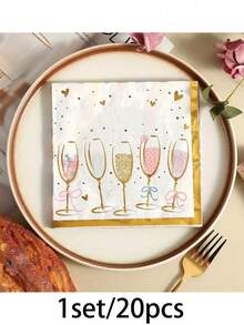 20pcs Gold Foil Heart Wine Glass Decorative Napkins, Ideal Gift For Family, Friends And Relatives On Valentine's Day Party, Holidays, Birthdays, Anniversaries And Other Celebrations. Also Suitable For Crafts, Scrapbooking, Birthday Parties And Weddings.