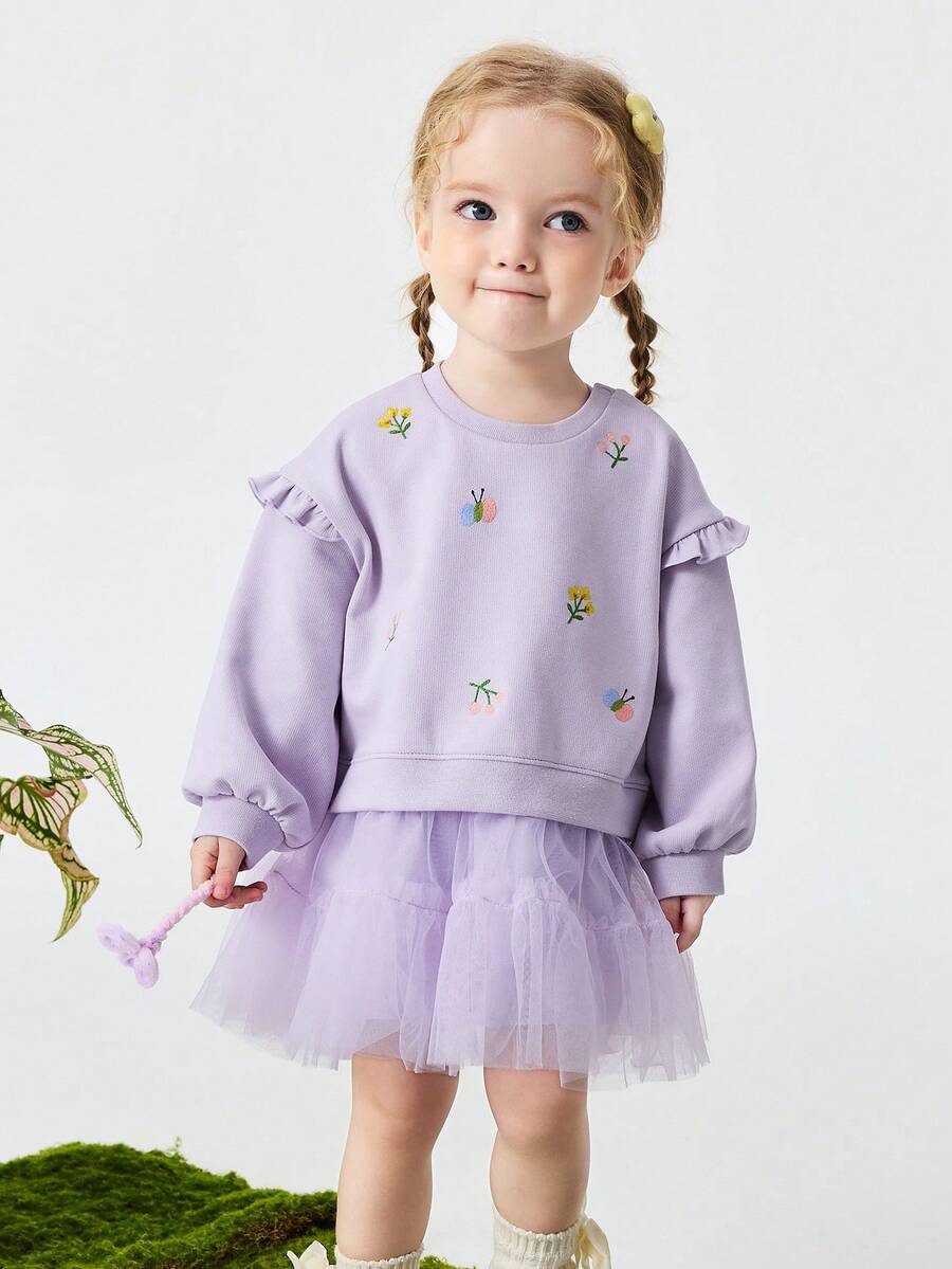 mini bala Baby Girls Sweatshirt Dress, Sweet Mesh Patchwork, Casual Style, Spring 2026