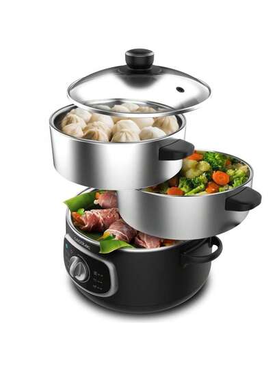  Vaporizador Elétrico Cecotec Vapovita SteelPot: Cozimento saudável e rápido com 1300W de potência, recipientes em aço inoxidável para máxima durabilidade, grande capacidade de 10L para cozinhar 3 pratos simultaneamente, tempo ajustável e desligamento automático para máxima eficiência, fácil de limpar e adequado para ingredientes grandes.