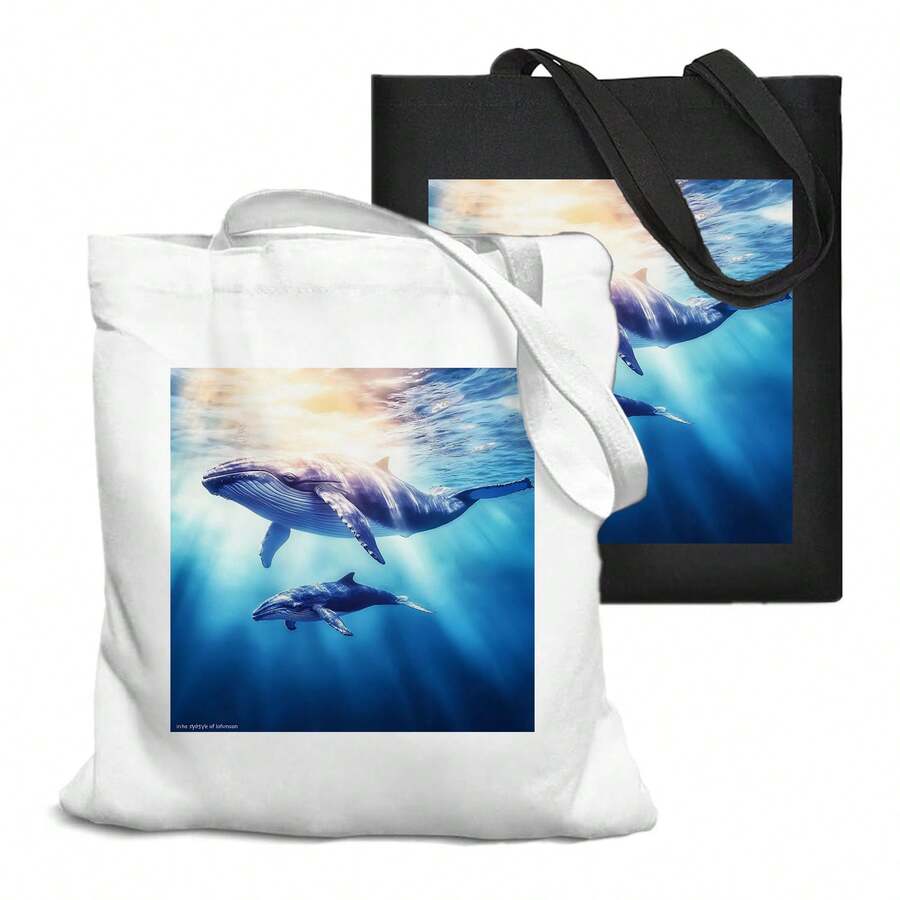 1pc 35*40cm(14*16 Inch) Whale Humpback Whales Shopping Bag, Practical Polyester Fabrics Shopping Tote, Washable With Printed Pattern - Multicolor - View 1