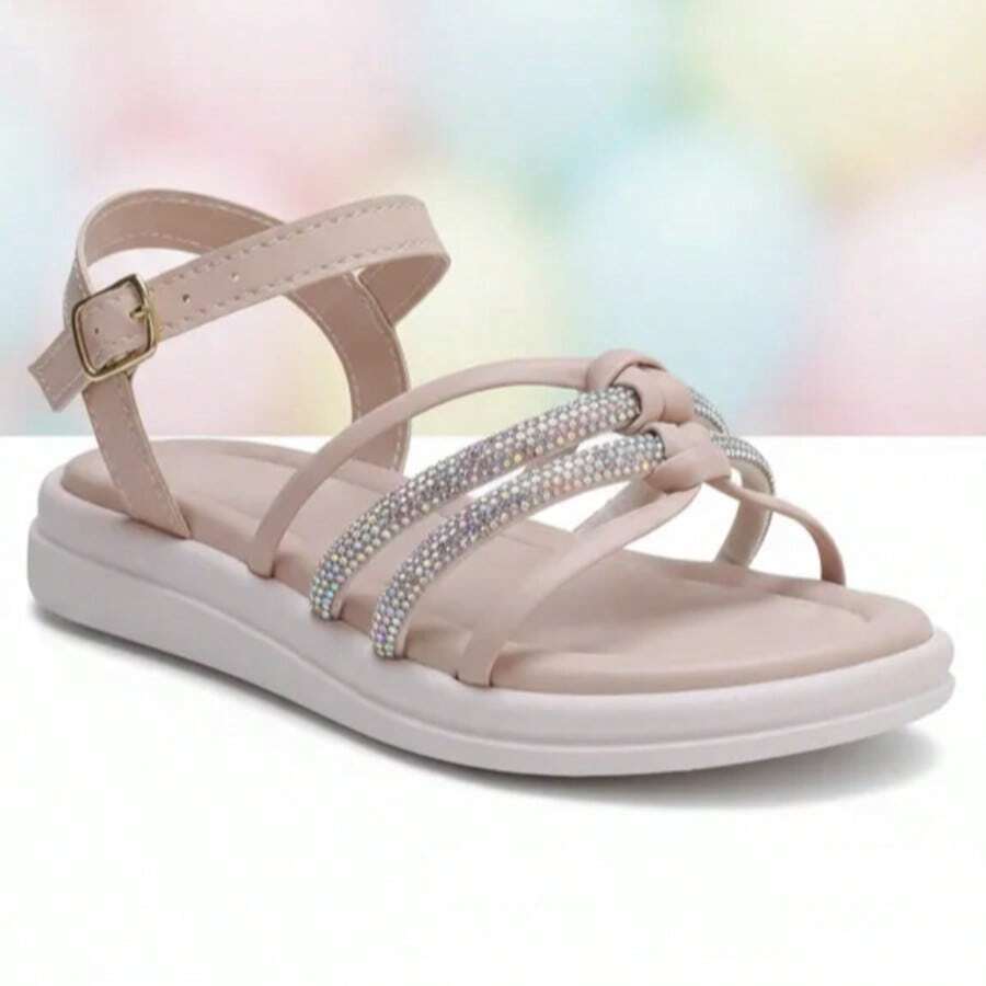 Girls' Sandal With Tie Closure And Rhinestone Straps On The Front. Beautiful And Comfortable. - Carne - Ver 1