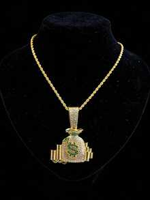 1pc Rhinestone Embellished Money Bag Pendant Necklace, Casual Wear Personalized Hip-Hop Cuban Chain Necklace For Men - Money Bag Pendant Necklace - View 8