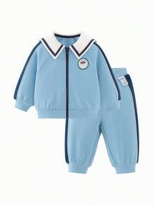 mini bala Kids Retro 2 Pieces Set, Long Sleeve Jacket & Pants, Anti-Pilling Fabric, Spring 2026 - Ice Blue - View 1