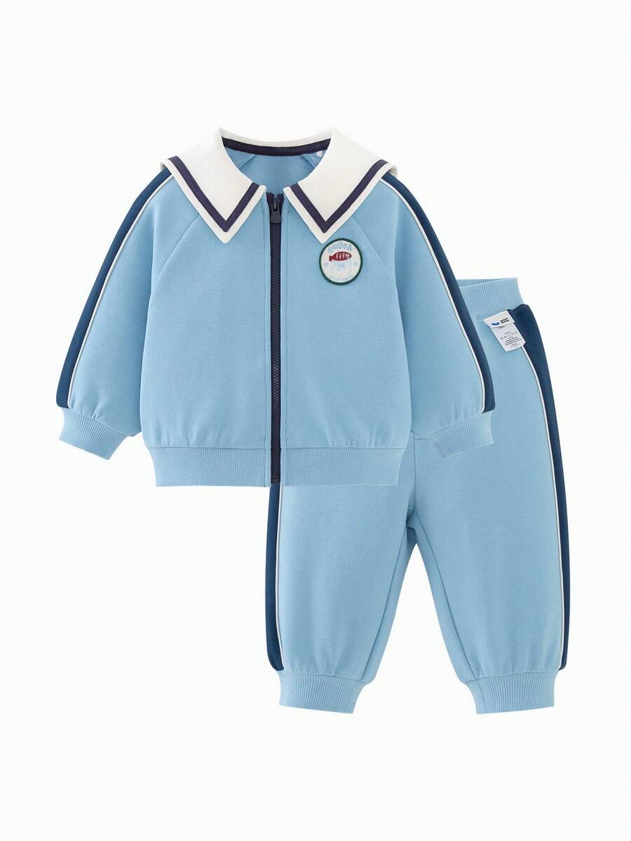 mini bala Kids Retro 2 Pieces Set, Long Sleeve Jacket & Pants, Anti-Pilling Fabric, Spring 2026 - Ice Blue - View 1