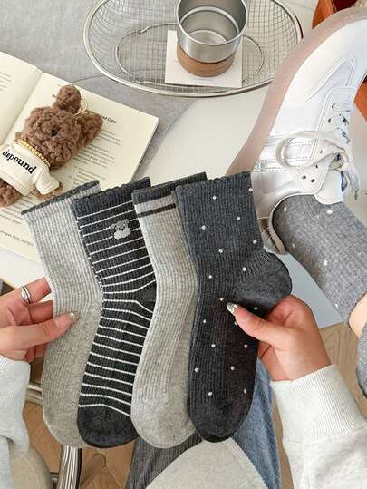 4 Pairs Women's Cute Striped, Polka Dot, Solid Color Crew Socks/Ankle Socks/Short Socks, Minimalist & Versatile, Suitable For Daily Wear, Random Colors, All Seasons