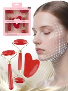 3pcs Gua Sha Facial Massage Roller Set, Includes Gua Sha Tool, For Face & Neck Massage - Mother's Day Gift - Facial Care Gift, Beauty, Skincare, Spa, Self-Care, Skincare Tools, Facial Care, Beautician Supplies, Massage, Facial Massage Tools, Facial Roller - Multicolor - View 2