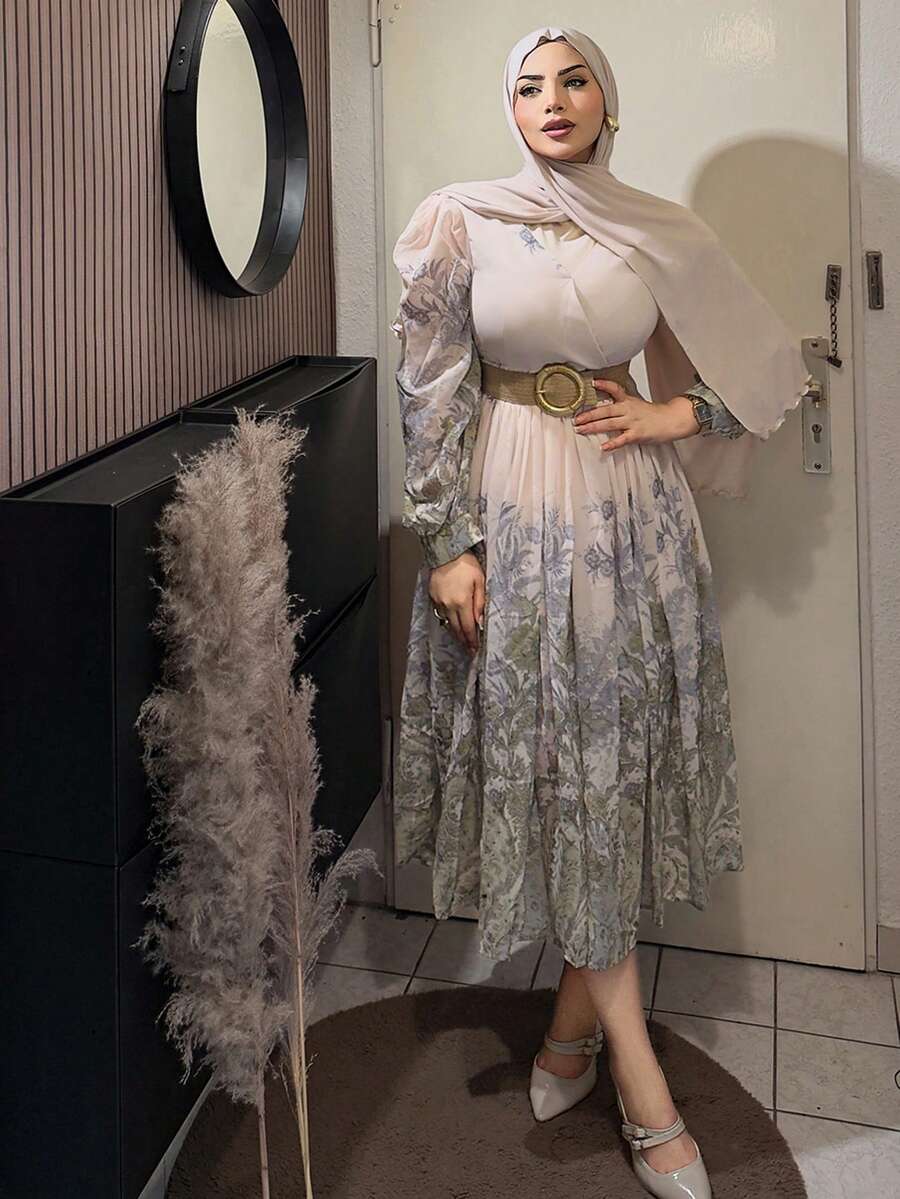 DAZY 波西米亚风方领碎花连衣裙,适合女士、婚礼、秋季、春季等各种场合,长袖款式,可作长款连衣裙穿着。 - 綠色 - 查看 1