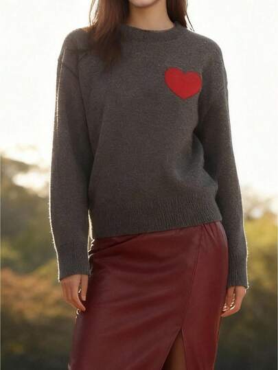 Women's Autumn Loose Sweater Heart Pattern Long Sleeve Round Neck Knitwear Pullover